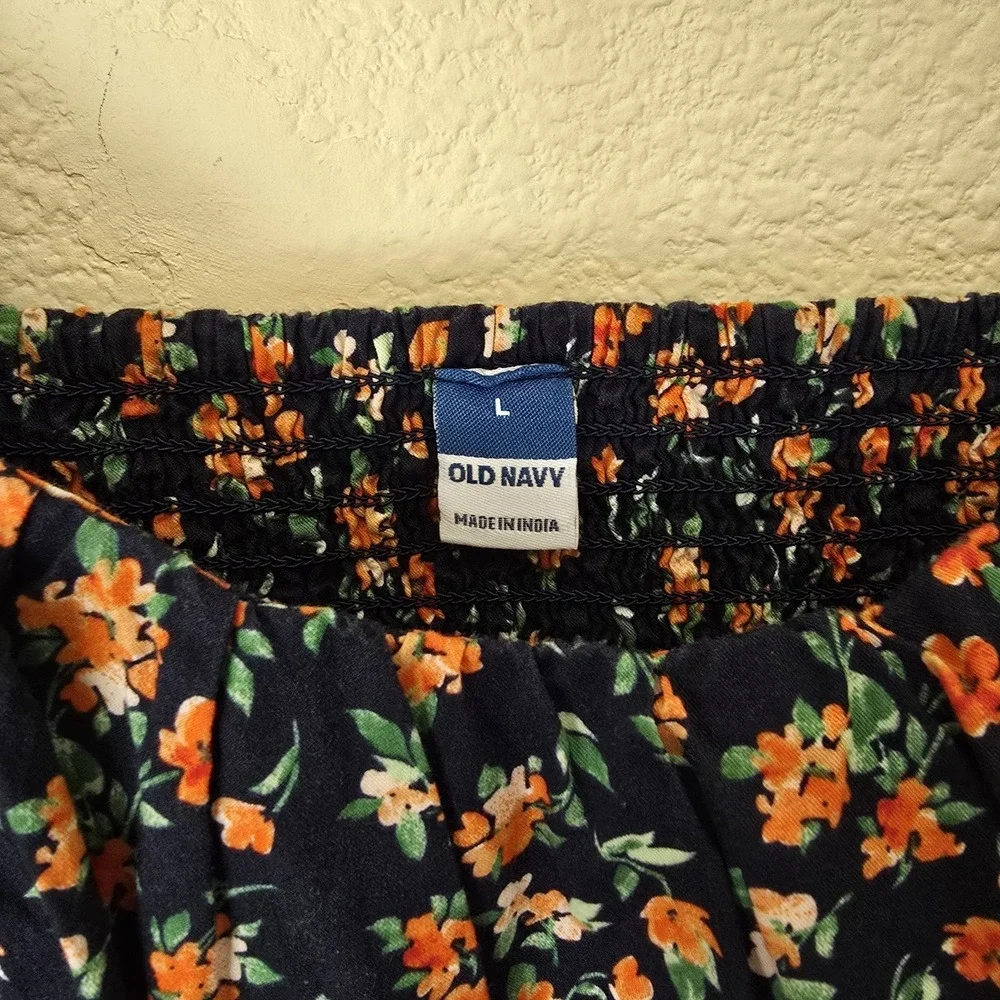 Old Navy Waist Defined Puff Sleeve Blouse Orange‎ Floral Ditsy Smock Women Large